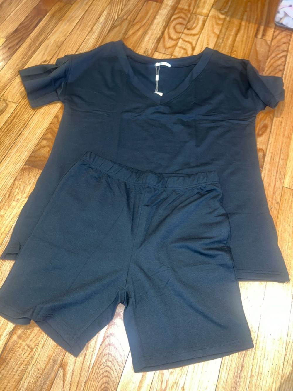 Women's Black Sleep Short Set - Soft V-Neck Top & Elastic Waist Shorts